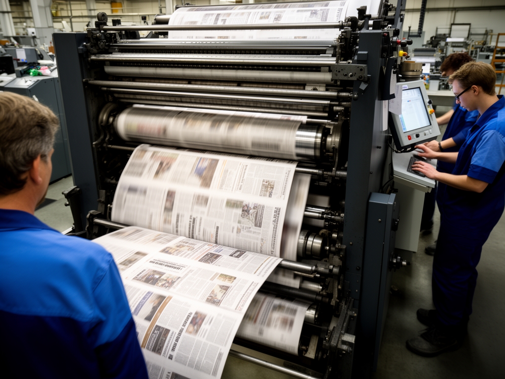 Крупный план ротационной офсетной печатной машины, из которой выходят свежие газетные полосы с текстом и фотографиями