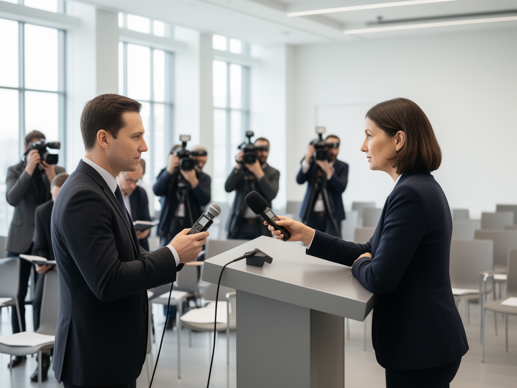 Журналист с диктофоном берёт интервью у спикера на пресс-конференции, другие репортёры вокруг с микрофонами и камерами