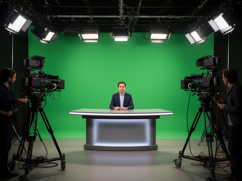 Телеоператор настраивает камеру в студии, на заднем плане яркий хромакей и осветительное оборудование