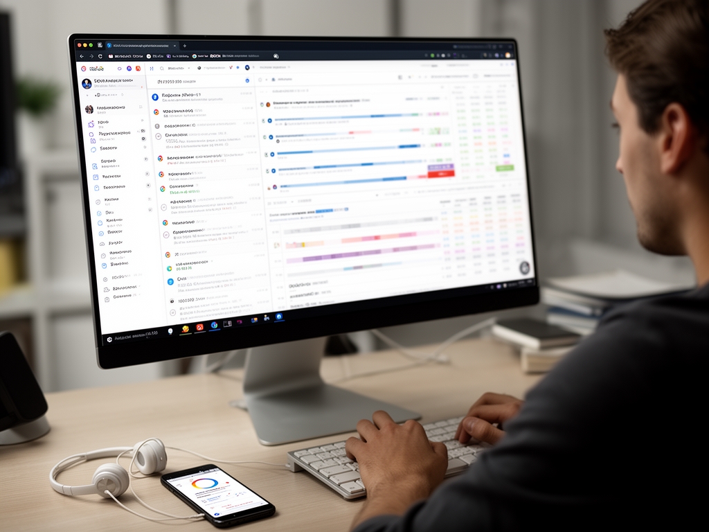 Специалист по цифровым медиа работает с аналитикой социальных сетей на ноутбуке, графики вовлечённости и охвата аудитории на экране