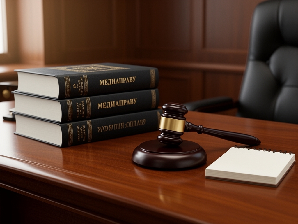 Юридические книги по медиаправу и молоток судьи на деревянном столе в офисе, блокнот с заметками о правовых нормах