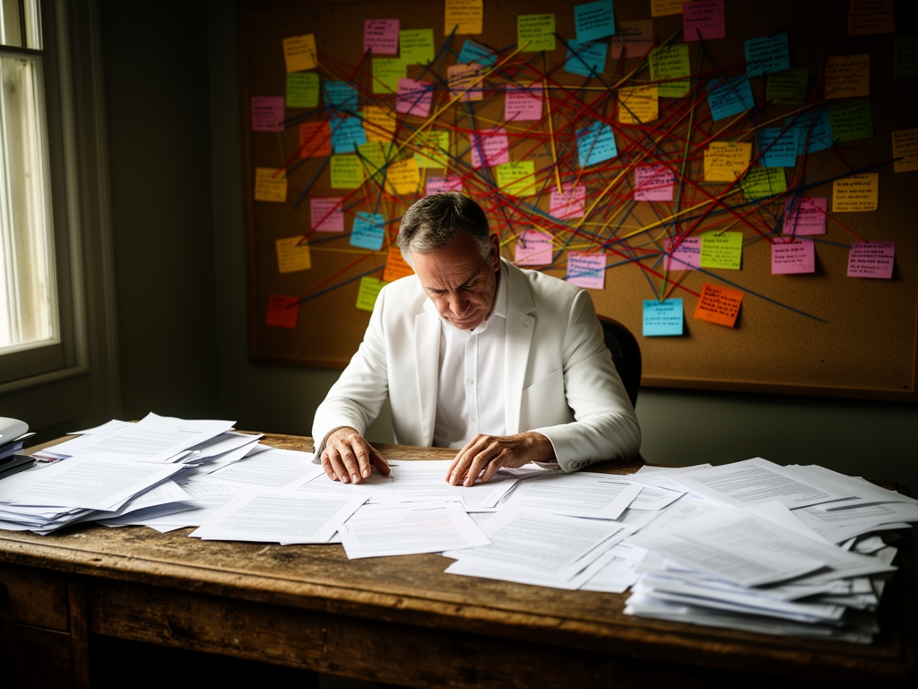 Журналист-расследователь изучает документы и распечатки за большим рабочим столом, стена с заметками и карточками на заднем плане