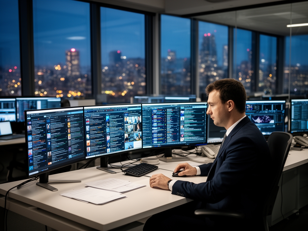 Журналист за рабочим столом в современном ньюсруме с панорамными окнами и видом на городские огни, несколько мониторов с новостными лентами