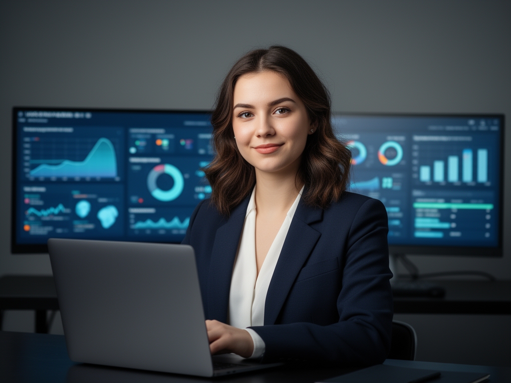 Профессиональная женщина-журналист за рабочим столом в редакции, улыбается, на фоне экранов с новостными лентами