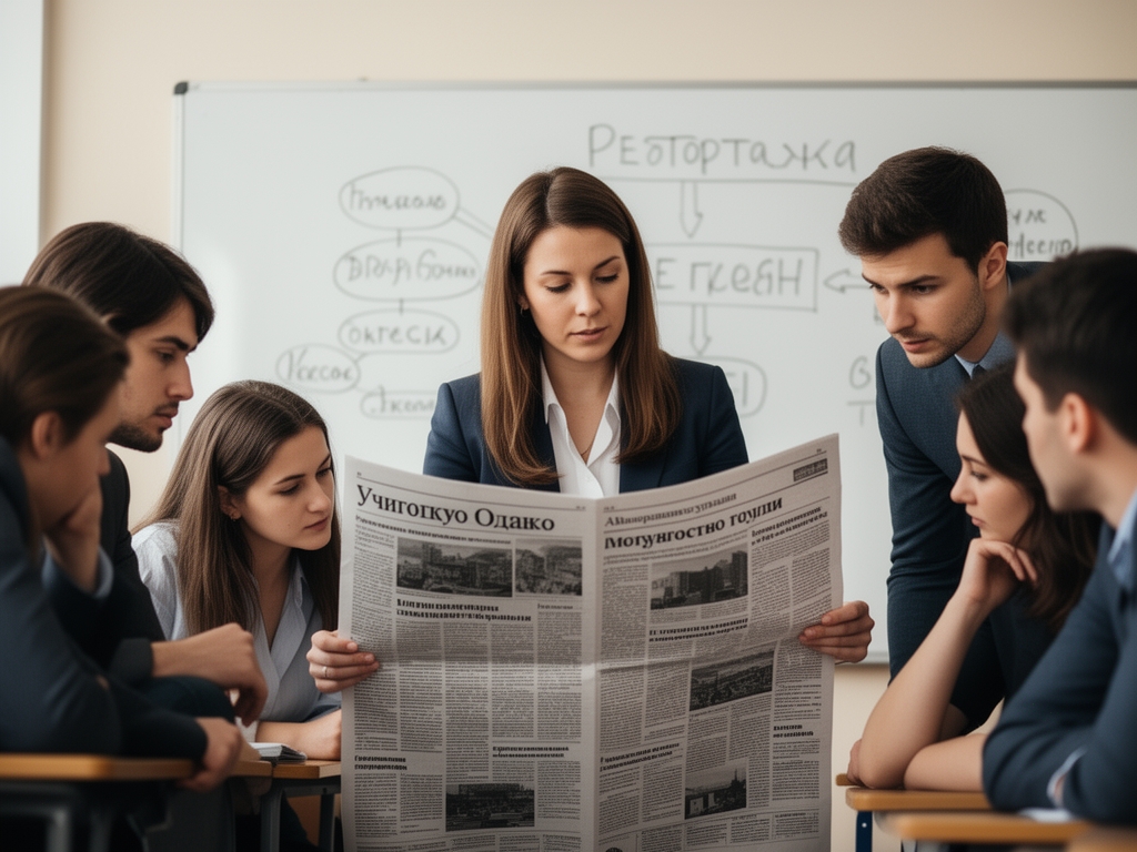 Преподаватель-журналист с небольшой группой студентов разбирает газетную полосу в учебном классе, на доске написаны структурные элементы репортажа