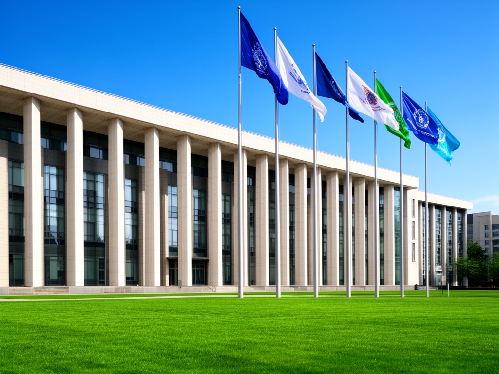 Фасад современного университетского корпуса с колоннами и зелёной лужайкой, флаги учебных заведений на фоне голубого неба